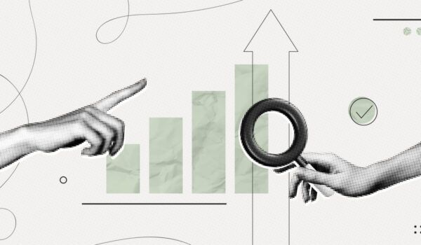 Trendy Halftone Collage Hand holding magnifying glass with up chart. Stock market statistics chart. Finance business data graph. Trending upwards.